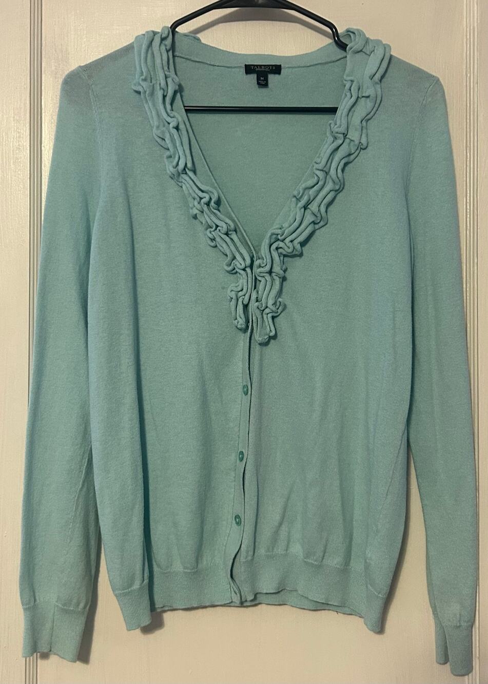 Talbots Woman's Teal Ruffled Cardigan Button Sweater Size Medium